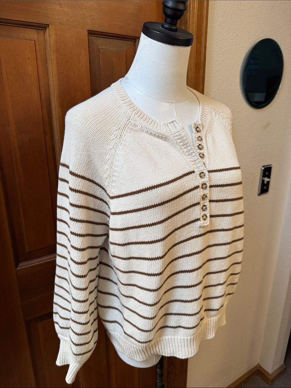 Sezane Cream & Brown Stripe Henley Sweater with Button Placket Size S - Picture 7 of 9